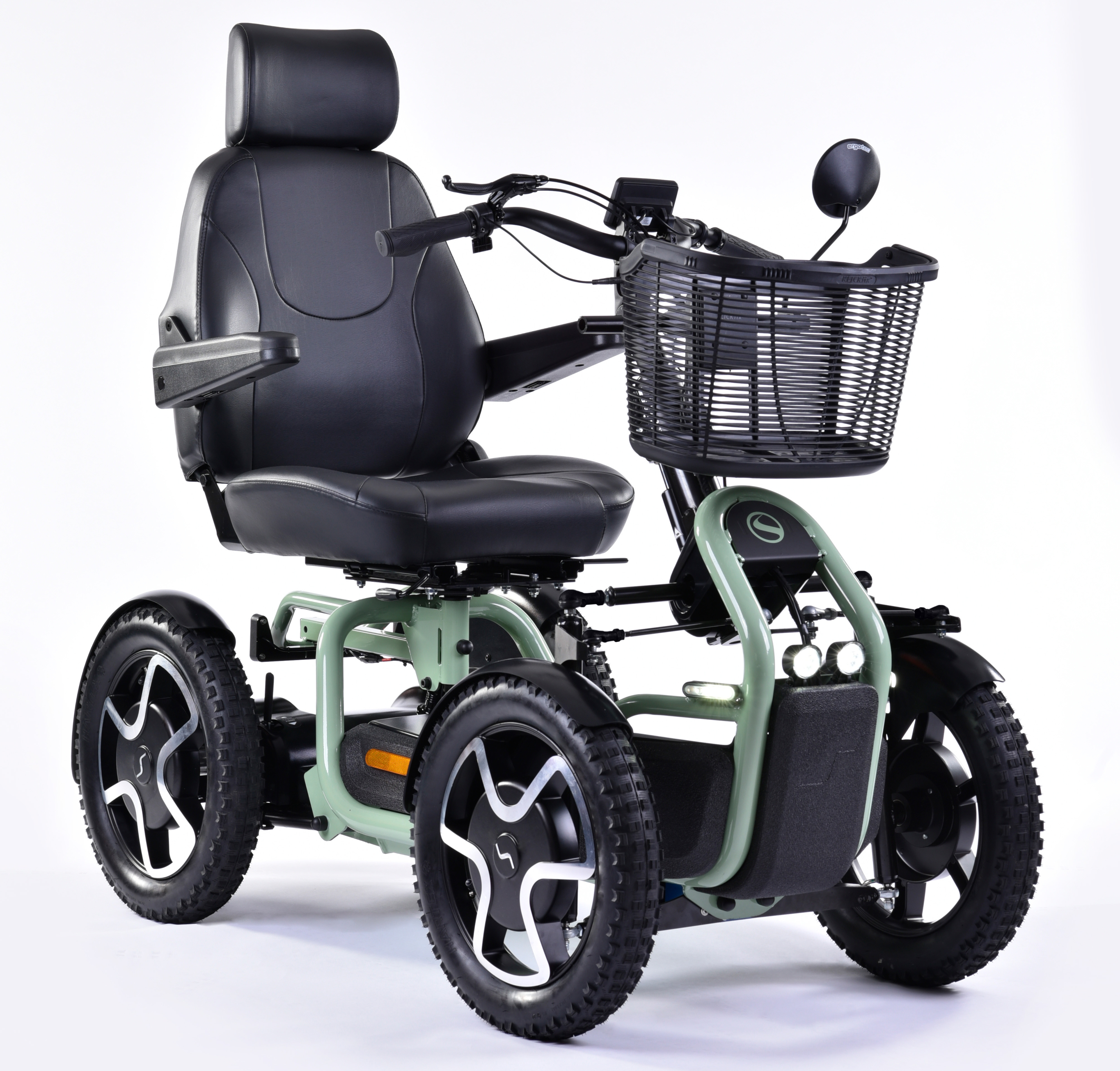 A Sterling S800 mobility scooter with a sturdy four-wheel design, large all-terrain tires, and a comfortable padded seat featuring a headrest and armrests. The scooter includes handlebars with controls, a front storage basket, and a rearview mirror, all set against a plain white background to highlight the product's features.
