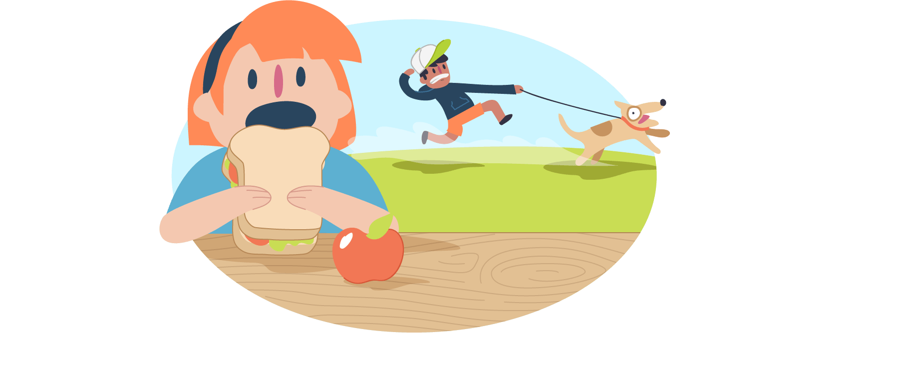 Illustration of a person holding a sandwich at a table with an apple in front. In the background, another person is pulled forward by a dog on a leash in a grassy area.
