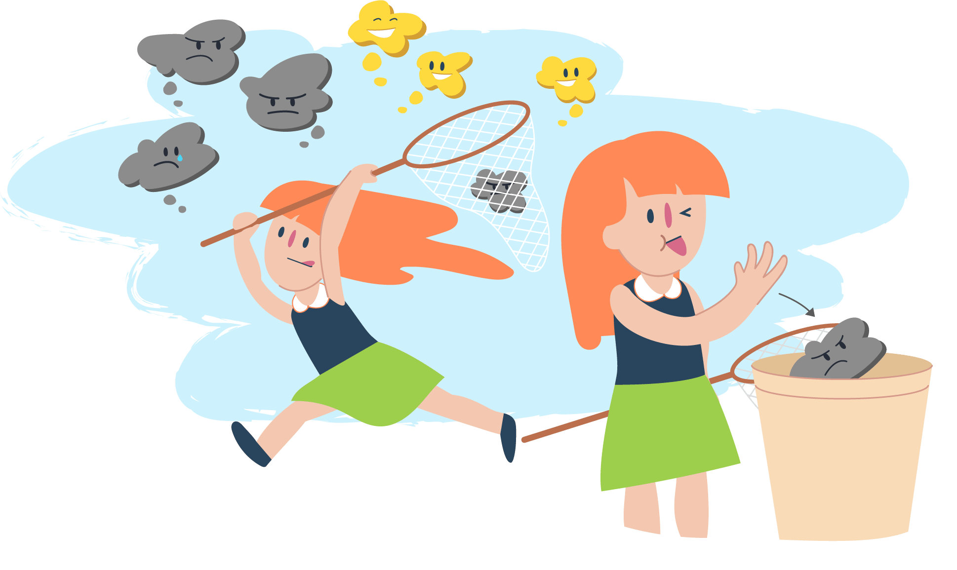 Illustration of a person using a net to catch grey cloud shapes with emotions and place them into a bin. Several yellow cloud shapes with other emotions appear nearby.