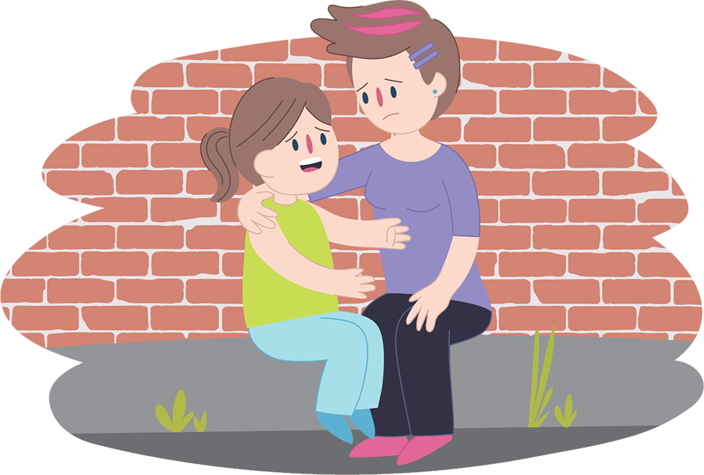 Illustration of a child talking while sitting on a low wall beside an adult, with a brick wall and plants in the background.
