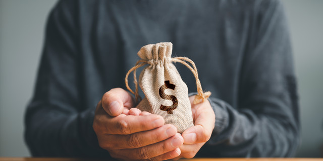 Man hands holding money bags, saving money wealth and financial concept, Business, finance, investment, loans, pension, emergency fund, savings, Financial planning.
