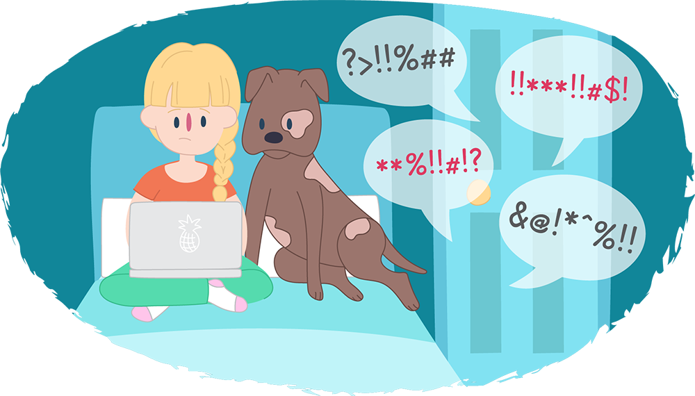 Illustration of a child sitting on a bed using a laptop, with a dog beside them and speech bubbles coming from the door showing symbols such as “?!%#”.