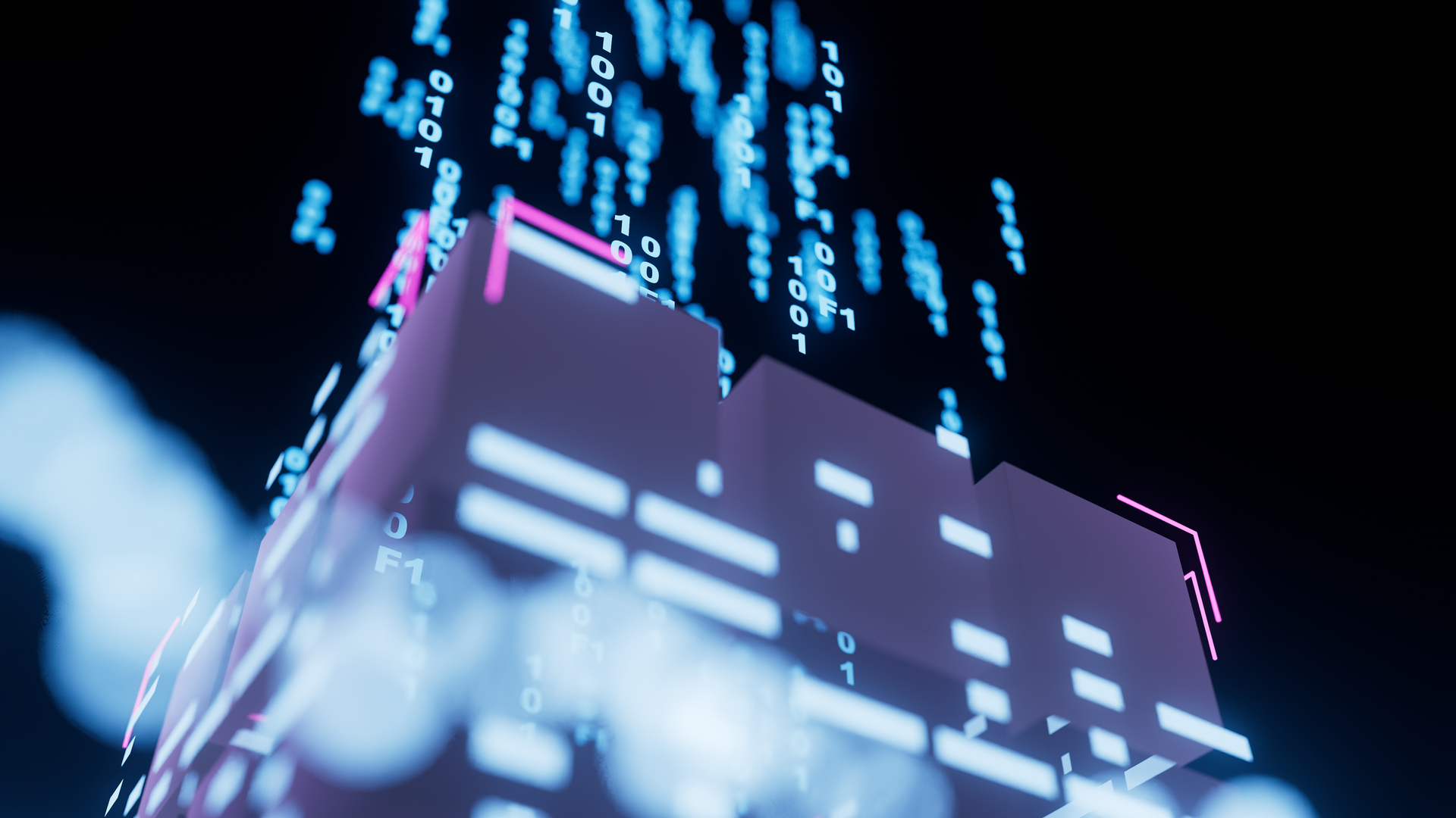 Digital data streams flow around a building structure at night in a vibrant display of technology and innovation