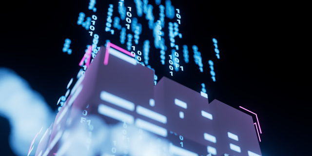 Digital data streams flow around a building structure at night in a vibrant display of technology and innovation