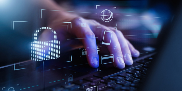 Data protection and secure online payments. Cyber internet security technologies and data encryption . Closeup view of man`s hand using laptop with virtual digital screen with icon of lock on it.