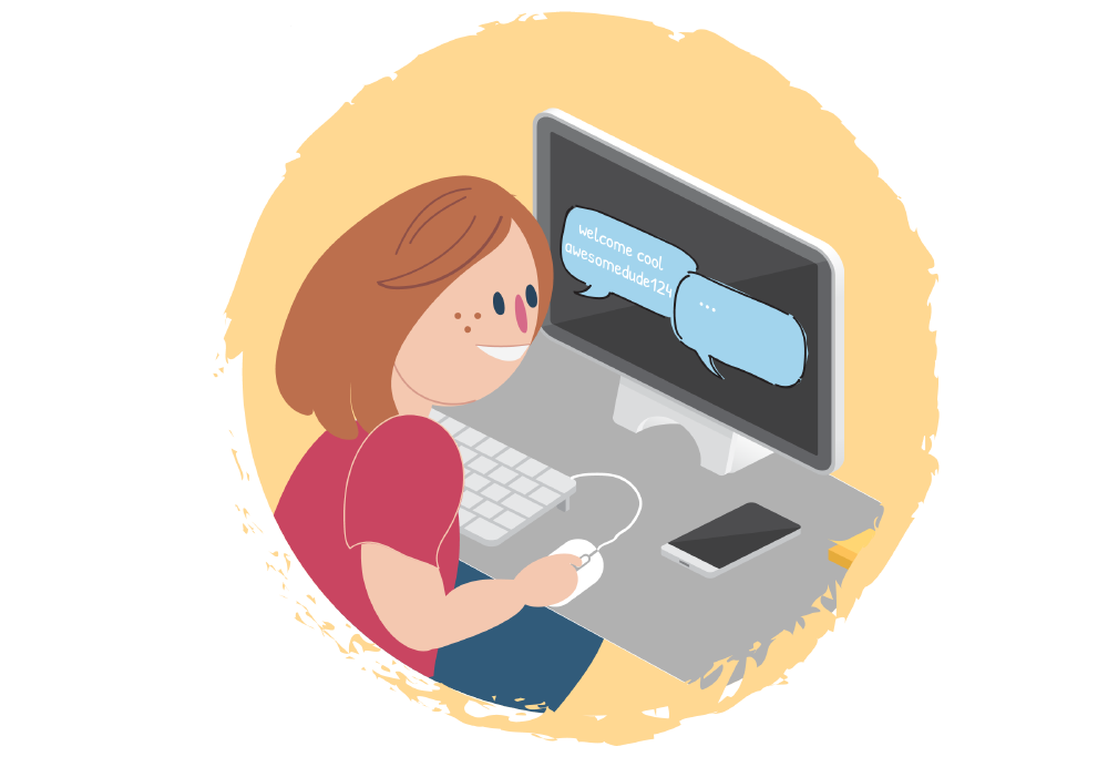 An animation of a child using a computer with a friendly chat message on the screen.