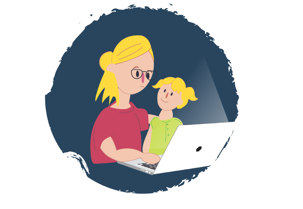 An animation of a mother and her child sitting together using a laptop.