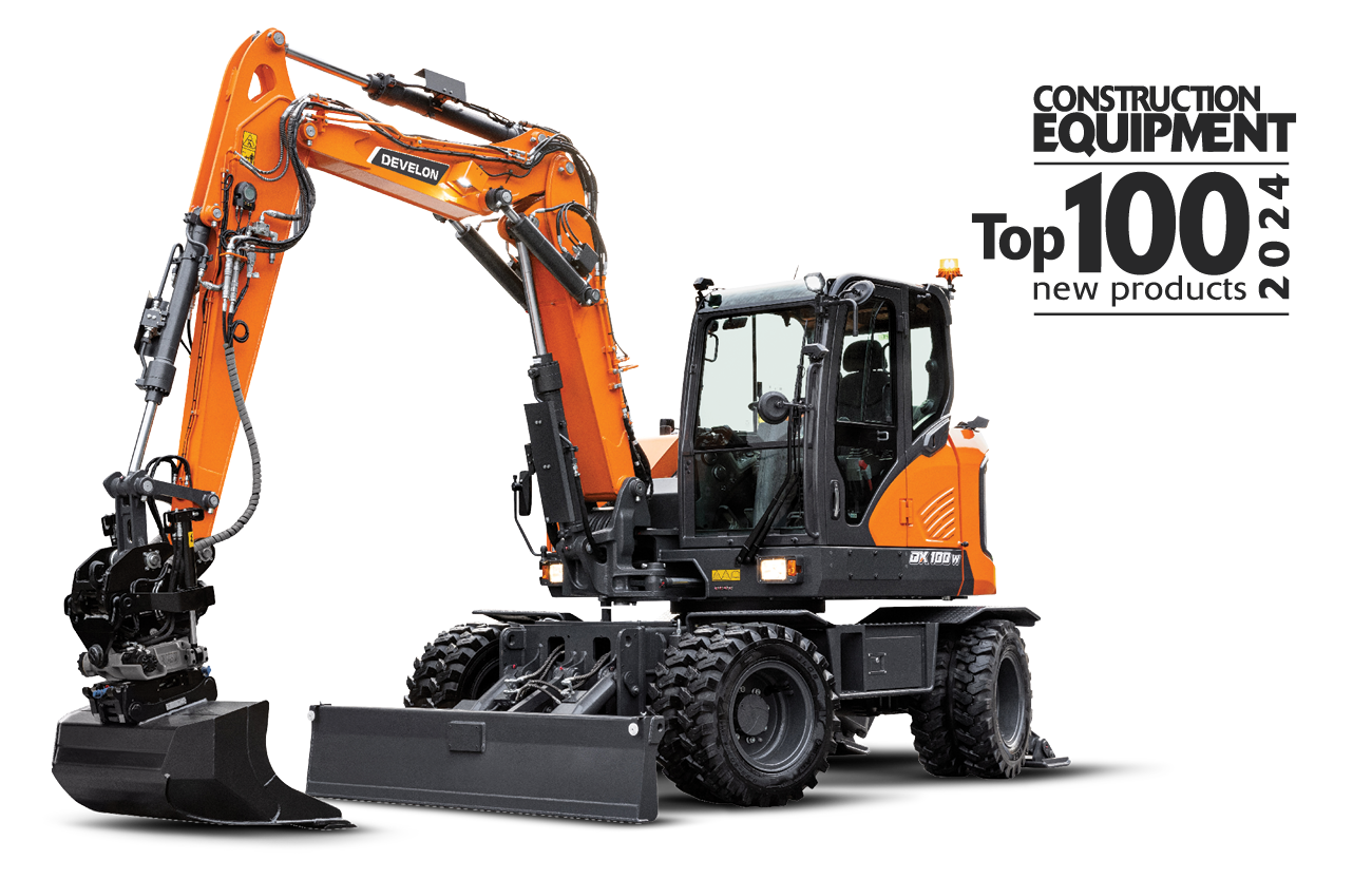 Cut out background of DEVELON DX100W-7 Mini (Compact) Wheeled Excavator.