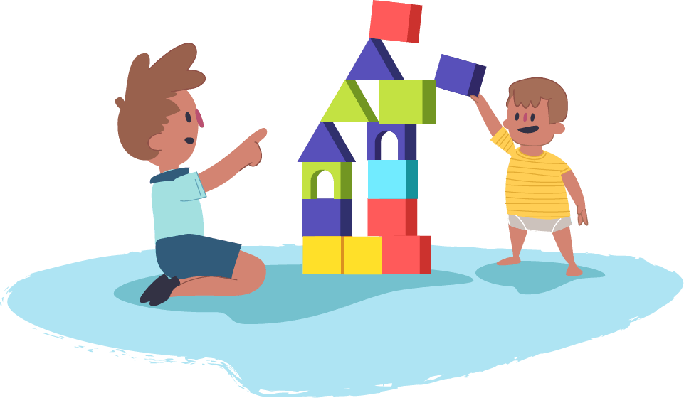 Two siblings sitting on the floor playing with colourful building blocks.