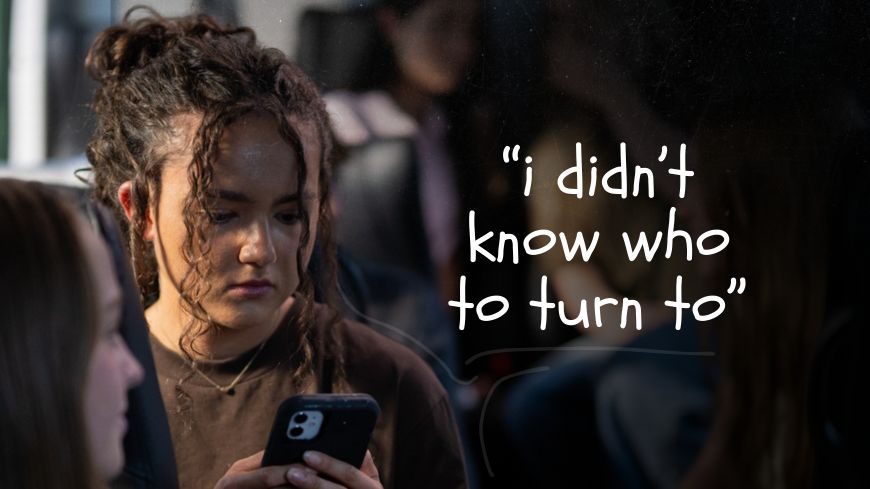 Teenage girl sitting on a bus and looking at her phone with the text 