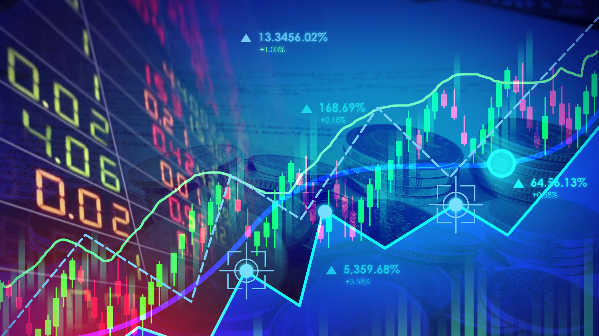 Business financial concept with double exposure stock market up trading line