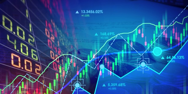 Business financial concept with double exposure stock market up trading line