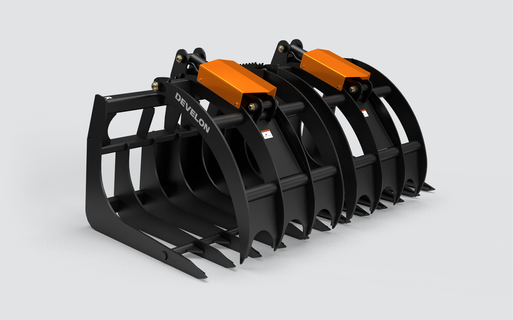 The DEVELON large-capacity root grapple attachment displayed against a cut-out background.