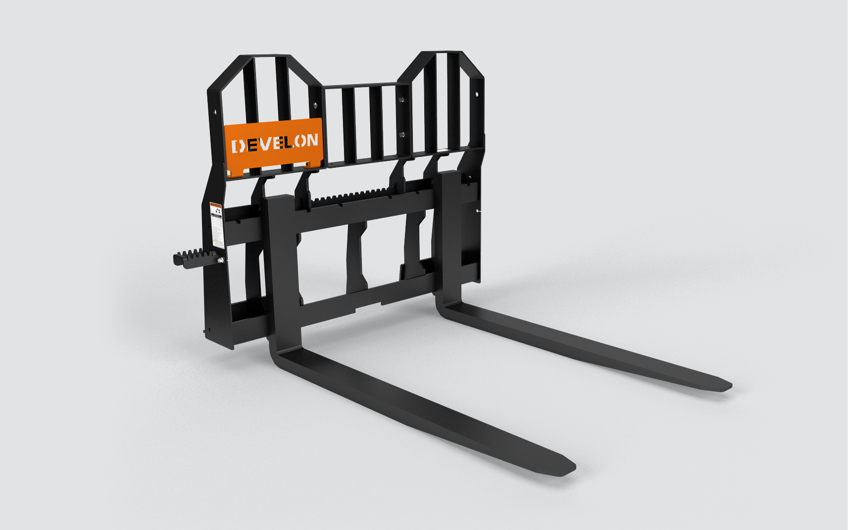 The DEVELON hi-vis rail pallet fork attachment displayed against a cut-out background.