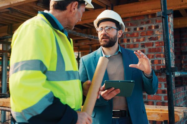 Telecommunications professionals discuss project plans at a construction site, with one holding a tablet and blueprints.