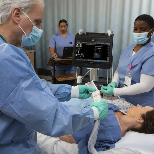 Clinicians in the Emergency Department utilize point of care ultrasound on a female patient.