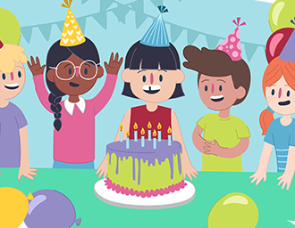 A girl blowing out candles on a birthday cake.