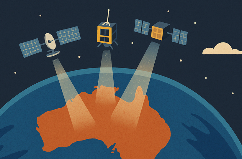 Graphic of Earth from space and three satellites shining their spotlights on Australia