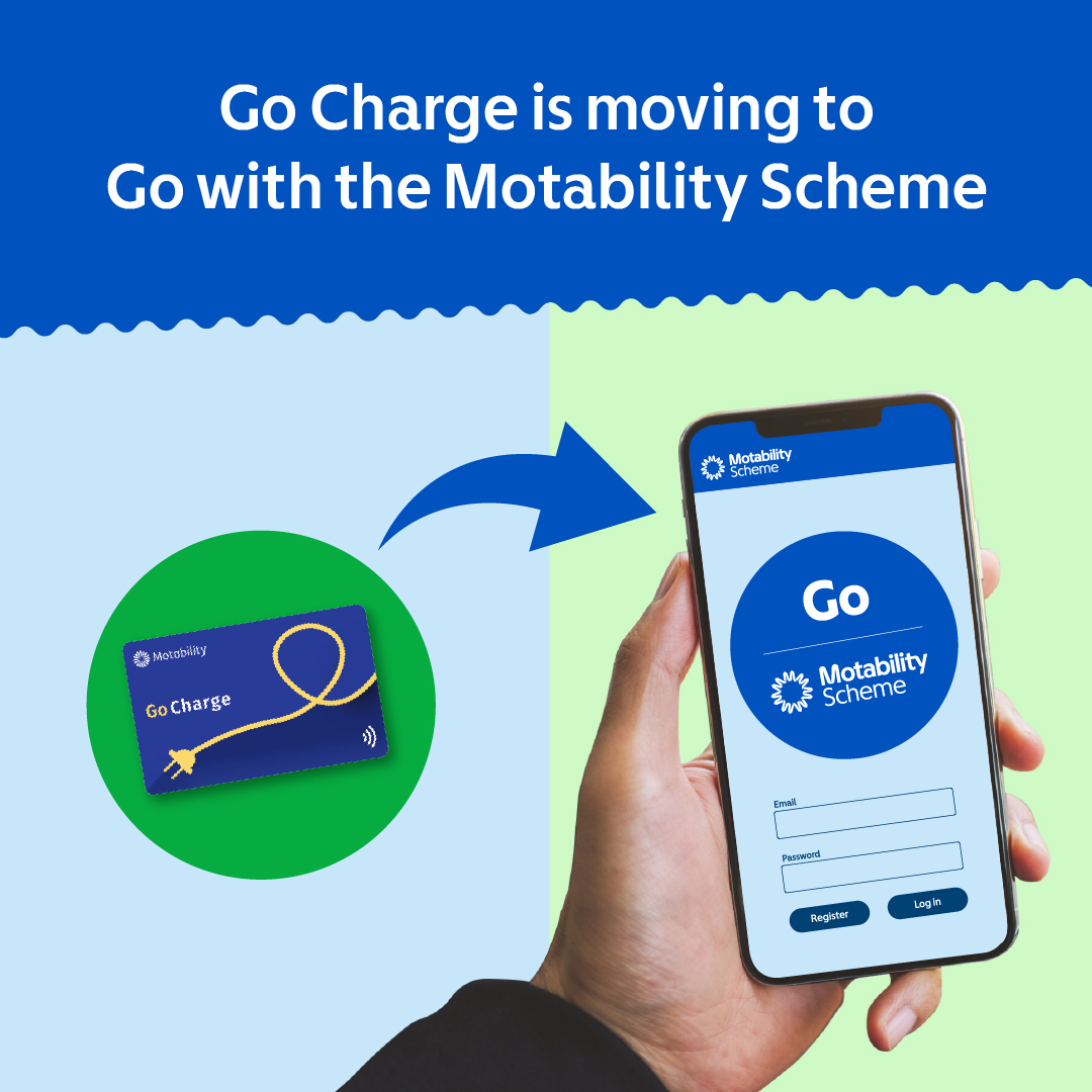 Graphic showing the transition from "Go Charge" to "Go with the Motability Scheme." On the left, a Go Charge card with a yellow charging cable icon is shown. A large blue arrow points right toward a smartphone screen held in a hand, displaying the Motability Scheme "Go" app login page. Text above reads: "Go Charge is moving to Go with the Motability Scheme.