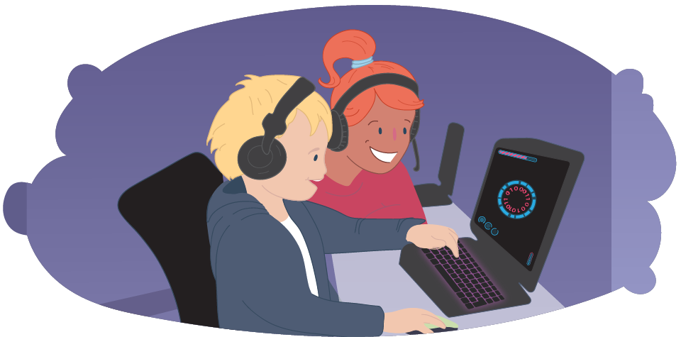 A boy and a girl wearing headsets sitting together and using a computer.