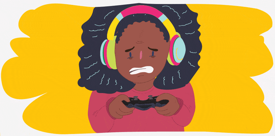 A girl wearing headphones and holding a game controller surrounded by negative speech bubbles with.