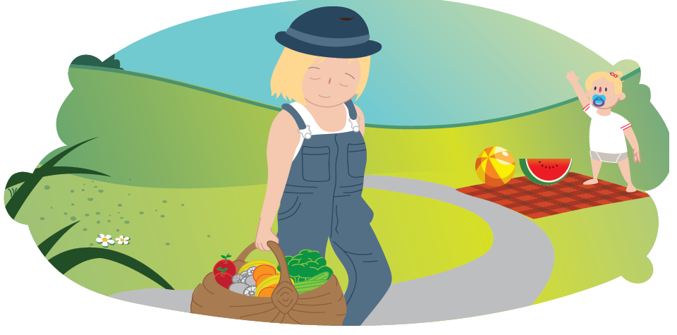 Illustration of a girl walking outdoors holding a basket of fruit and vegetables. In the background, a picnic blanket with food items is set on grass, and another small person stands nearby with arms raised.