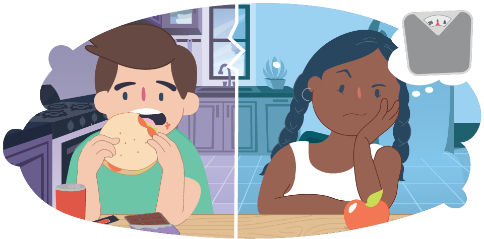 Split illustration showing two scenes. One shows a boy eating a burger and chocolate at a table. The other shows a girl seated at a table with an apple, with a scale shown in a thought bubble.