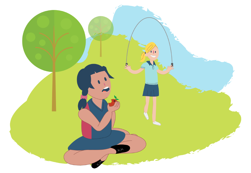 Illustration of two people in a grassy outdoor area with trees. One person sits on the ground holding an apple, while another jumps rope nearby.