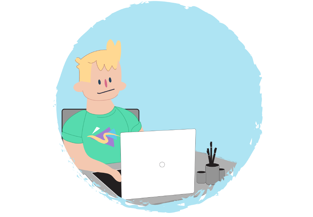 Illustration of a person seated at a desk using a laptop. A cup holding pens sits on the desk beside the computer.