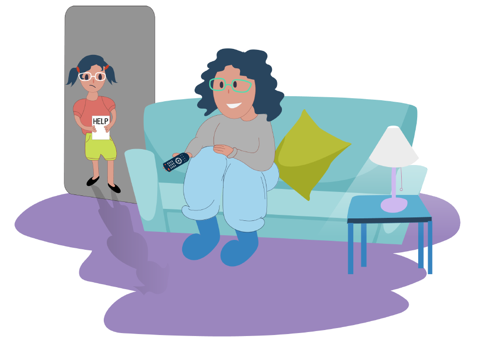 Illustration of a mother sitting on a couch holding a remote and watching TV. A child stands in a doorway holding a sign that reads “HELP”. A lamp and side table appear beside the couch.