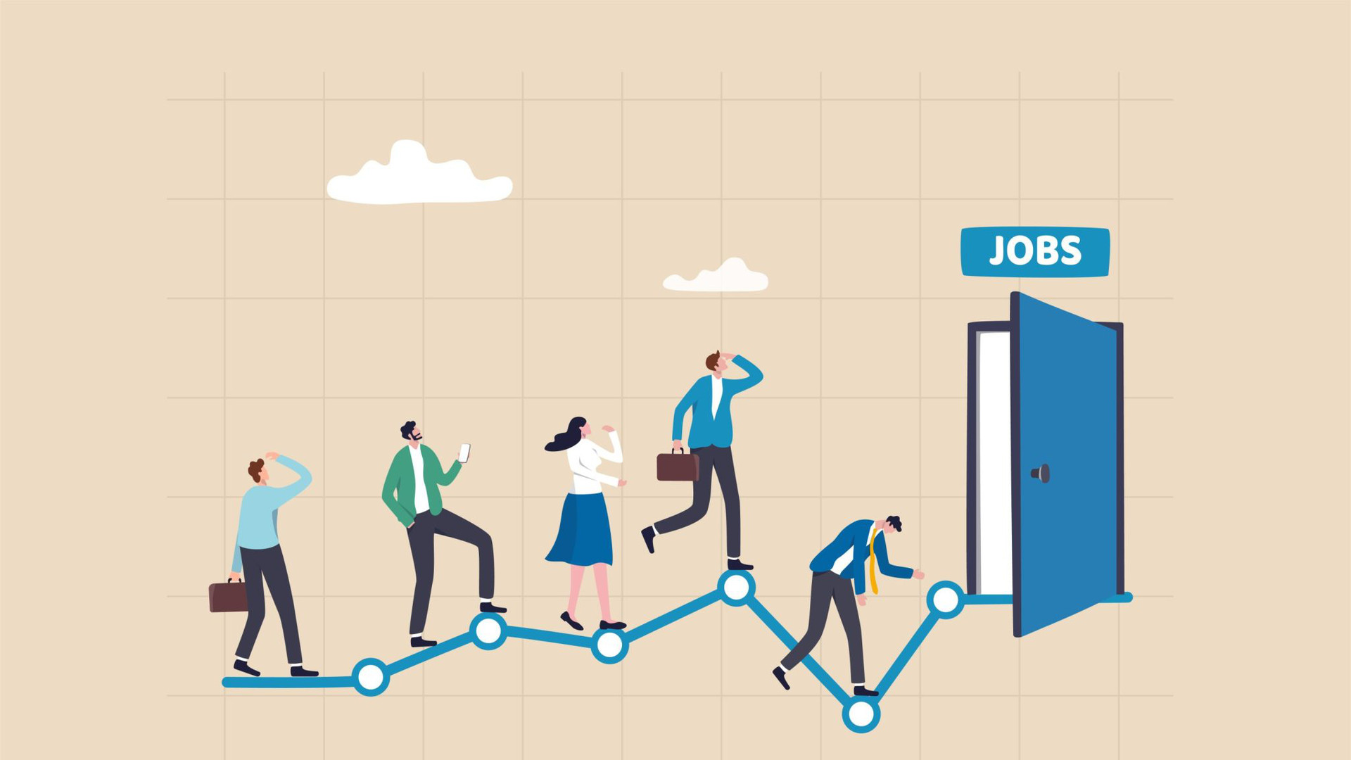 Illustration of a line graph leading to an open door with a sign reading &quot;jobs&quot; above it. People are standing over various parts of the graph.