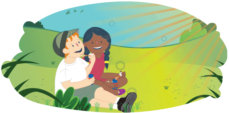 Illustration of two children sitting on grass outdoors blowing bubbles, with sunlight and hills in the background.