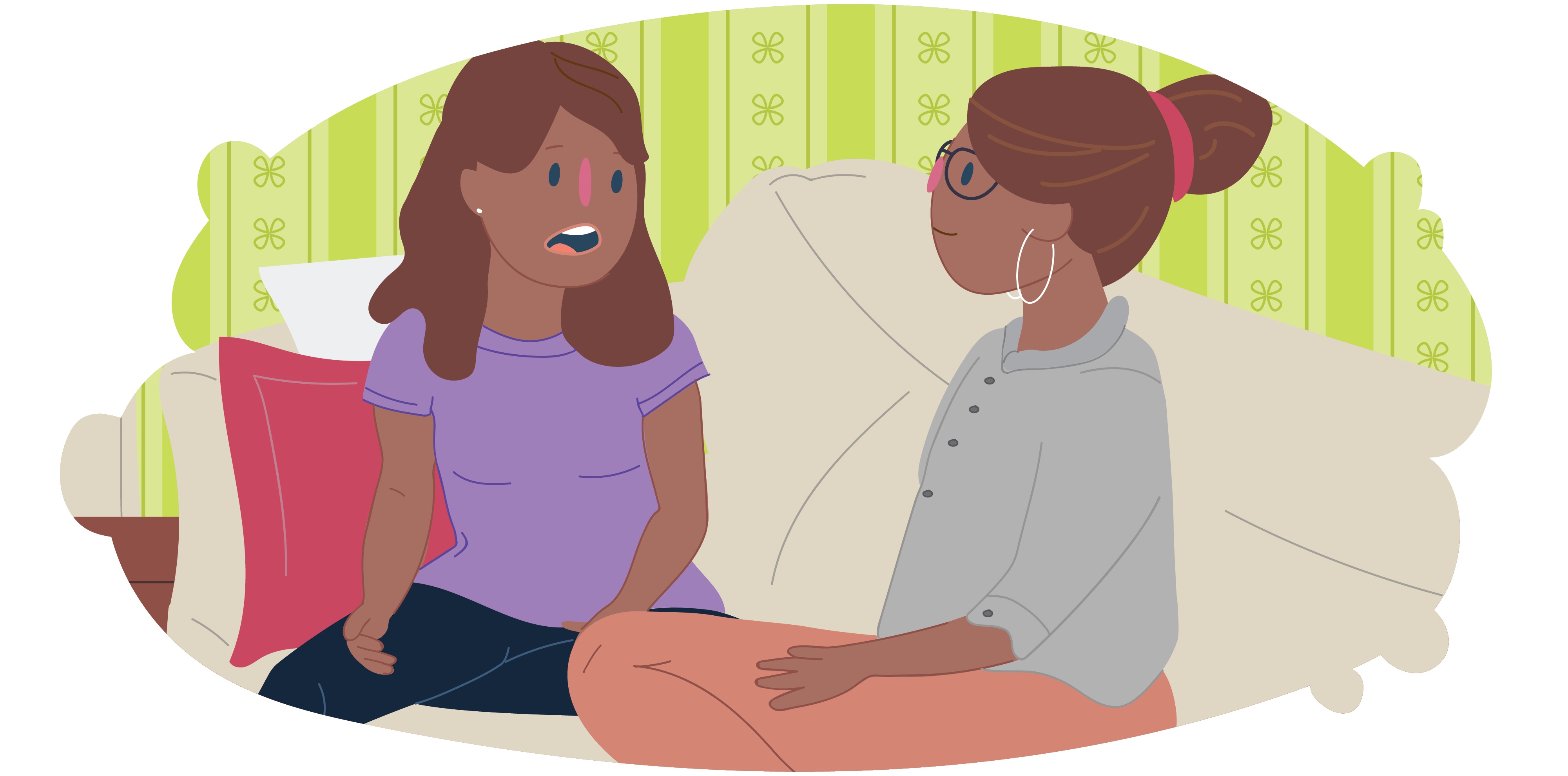 Illustration of a child sitting on a couch talking with an adult in a living room setting.