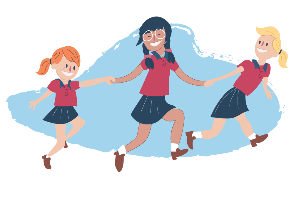 Illustration of three children in uniforms holding hands and moving together across a light blue background.