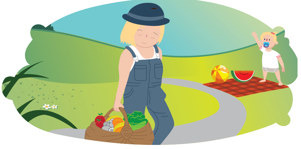 Illustration of a person walking along a path carrying a picnic basket, with a blanket setup and a small child standing nearby.