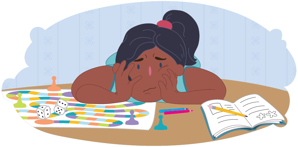 Illustration of a child leaning on a table with a board game, dice, game pieces, pencils and an open notebook.