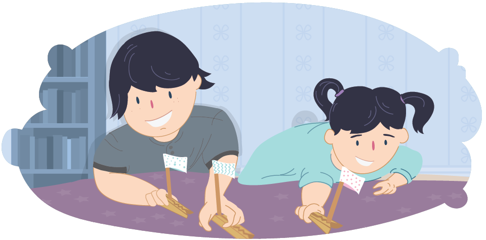 Illustration of two children lying on the floor, pushing small objects down wooden boats with flags attached.