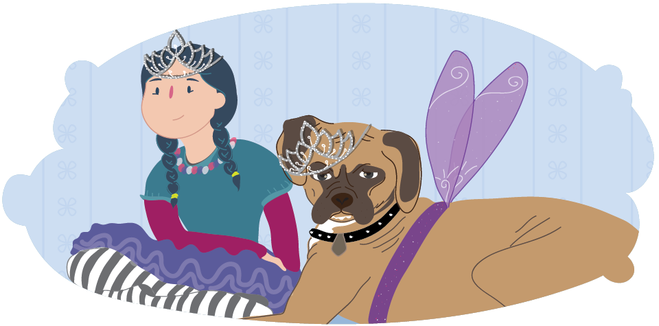 Illustration of a child sitting on the floor wearing a crown, beside a dog wearing wings and a crown.