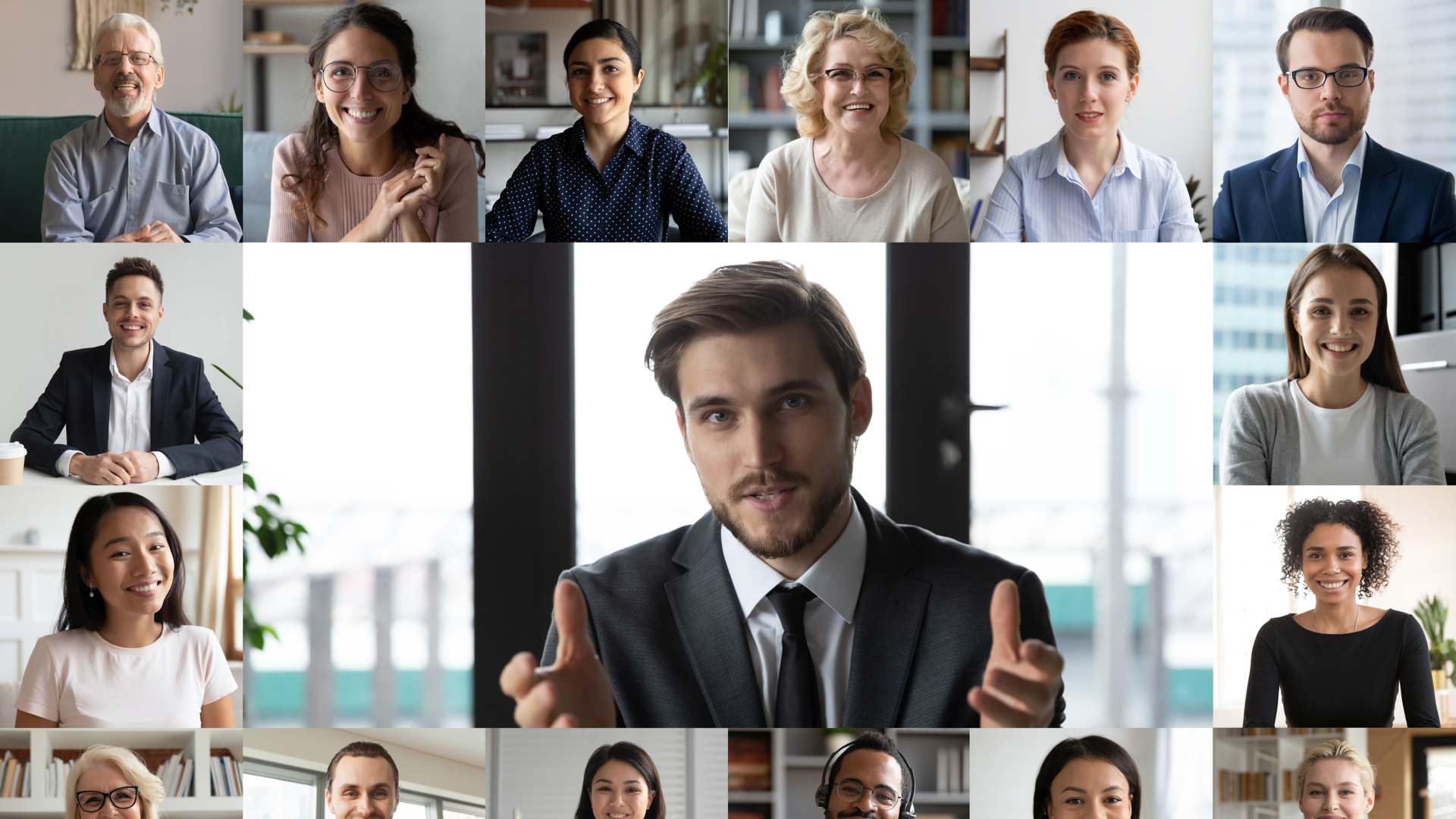 Screen view of smiling employees have online webcam conference