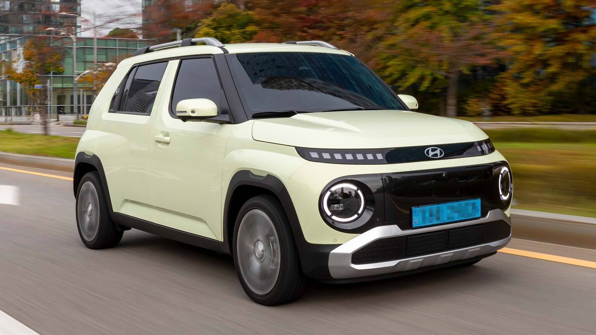 New Hyundai Inster electric city car in motion. A great Motability Scheme electric vehicle (EV) option