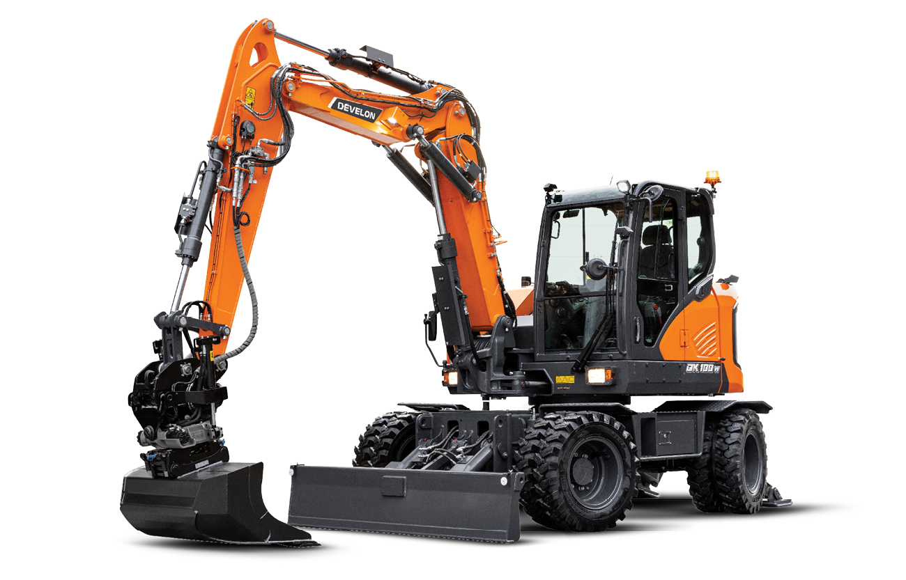 A COB image of a DEVELON DX100W-7 mini wheel excavator.