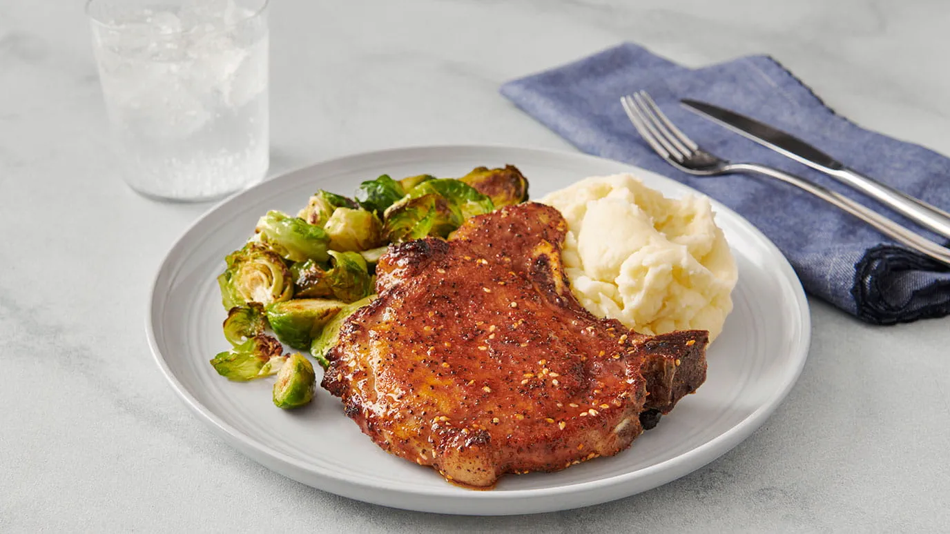 Honey Glazed Pork Chops with Mashed Potatoes and Brussels Sprouts