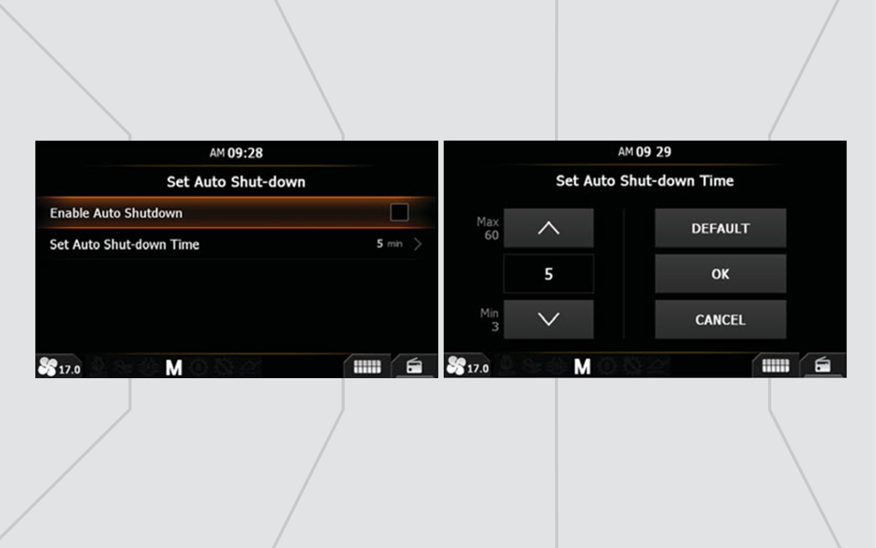 A screenshot of the excavator auto shutdown settings on the LCD monitor.