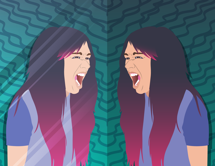 Young person screaming at their reflection in a mirror