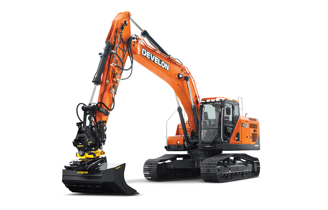The next-generation DEVELON DX260LC-9 crawler excavator against a white background.