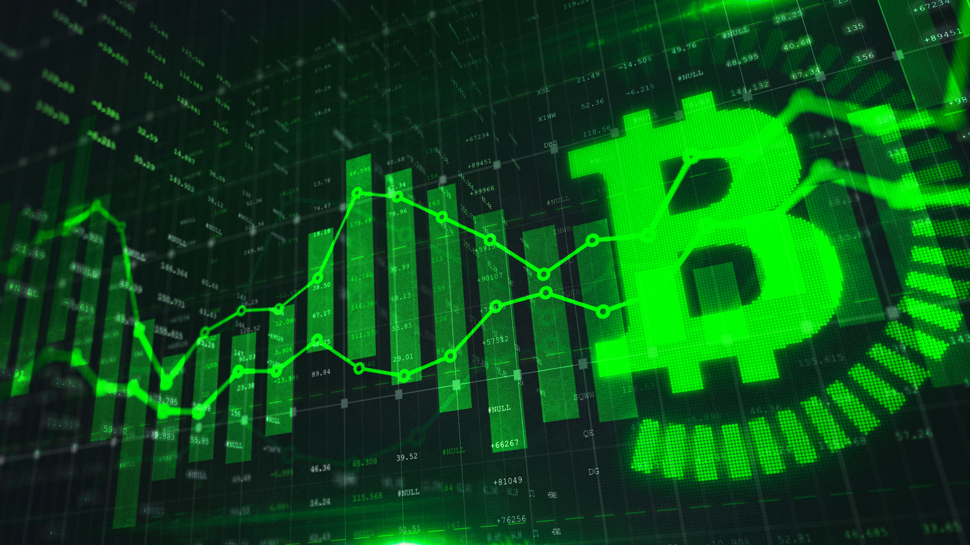 Stock market Bitcoin trading graph in green color as economy 3D illustration background.