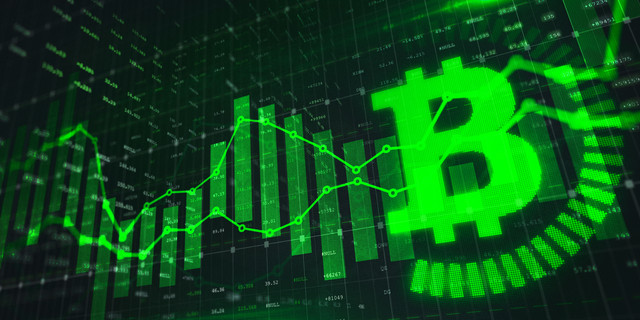 Stock market Bitcoin trading graph in green color as economy 3D illustration background.