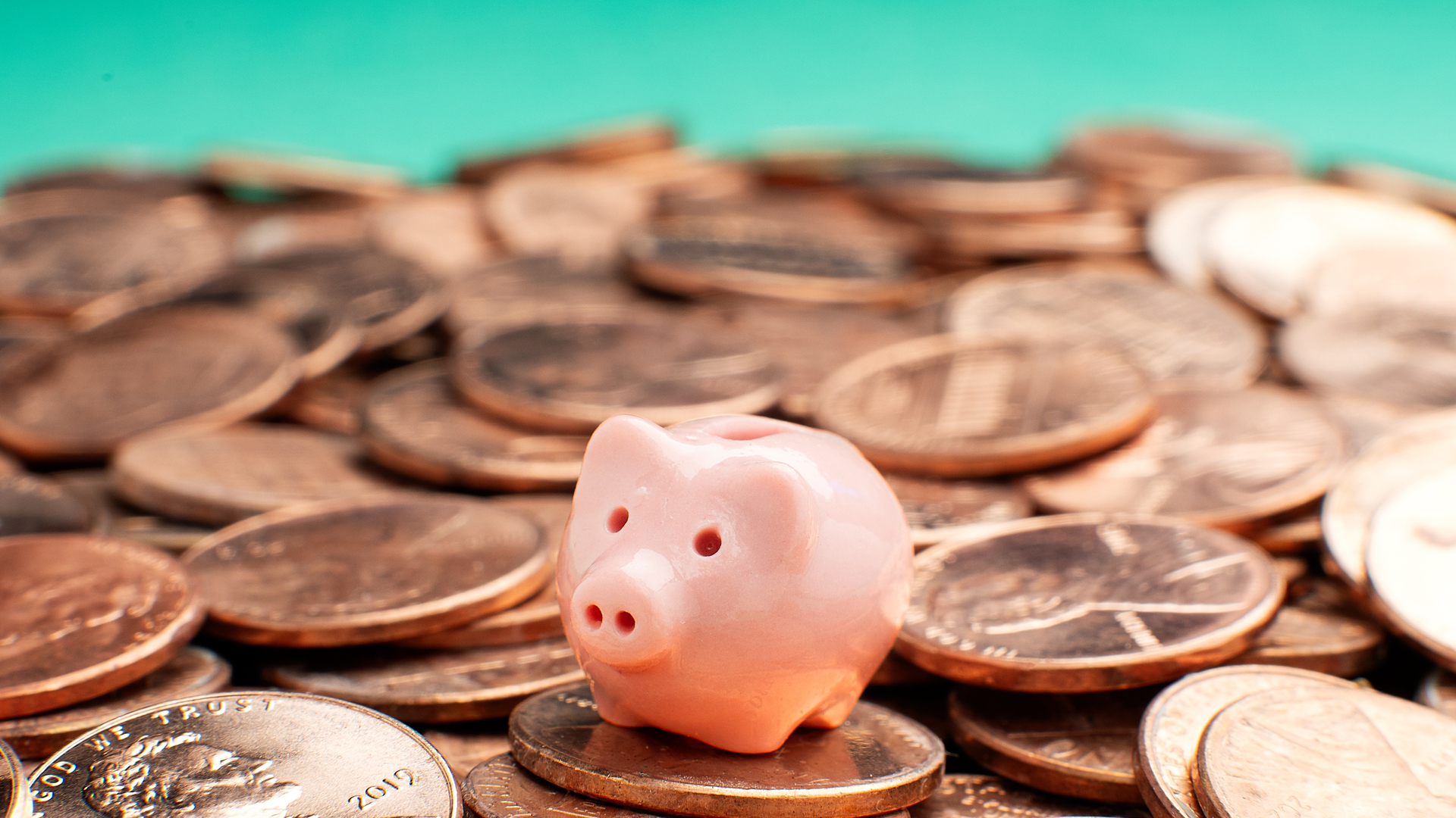 Savings concept - Tiny piggy bank on pennies