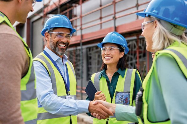 Group of ICT professionals in hard hats and safety vests shaking hands at an outdoor project site