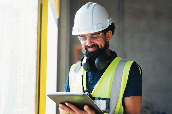 Smiling telecommunications technician wearing personal protective equipment reviewing site plans on a digital tablet